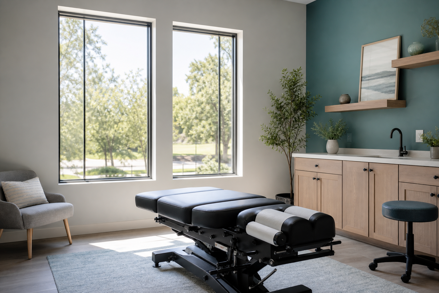 Modern chiropractic treatment room for Carlson Chiropractic Center in Joplin Missouri